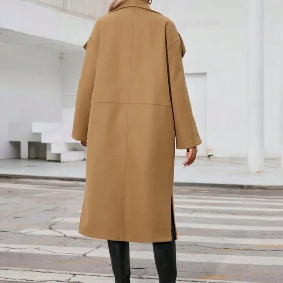 Khaki Preppy Womens Waterfall Collar Slant Pocket Overcoat - Picture 3 of 5